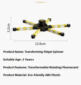 Macro view showing dimensions and foldable chain arms of the deformable fidget spinner toy