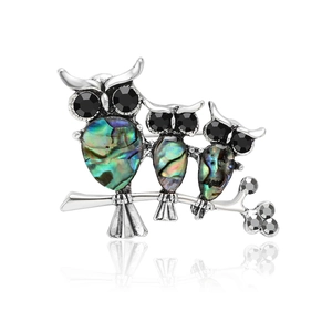 Owl Family Brooch Natural Abalone Shell Inlay Alloy Animal Lapel Pin Rhinestone Eyes Vintage Fashion Jewelry Accessory