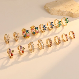 Vintage gold-plated huggie hoop earrings with colorful rectangular zircon gemstones