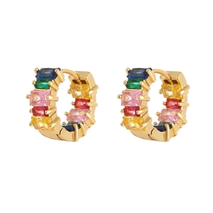 Elegant gold hoop earrings with multi-color rectangular zirconia stones in rainbow style