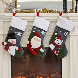 Christmas Stockings Grey Felt With White Plush Cuff 3D Santa Snowman Polar Bear Hanging Gift Bags Holiday Home Decor