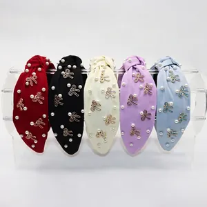 Cerchietti eleganti in tessuto annodato con perle e fiocchi in cinque colori assortiti