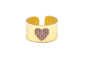Detail of 18K gold plated heart ring featuring micro-pave purple zircon stones