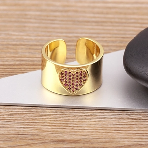 18K gold-plated adjustable wide heart ring featuring purple cubic zirconia stones