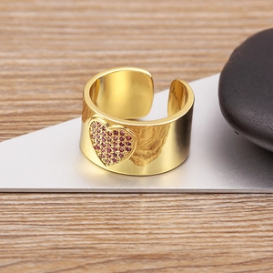18K gold plated wide open ring with heart-shaped pink zircon pavé setting for women