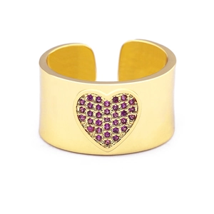 Adjustable 18K gold plated wide band ring with a purple zircon heart-shaped centerpiece