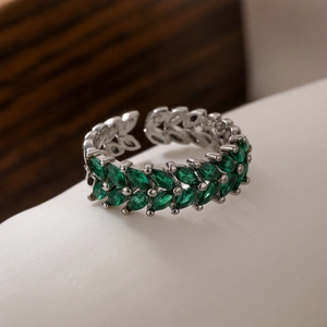 Silver S925 open ring with green marquise zircon stones in wheat leaf pattern design