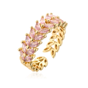 Gold plated marquise-cut pink zircon wheat ear open ring with elegant leaf design