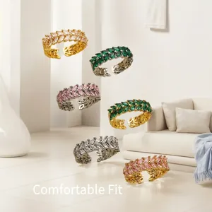 Marquise Cut Zircon Wheat Ear Open Ring Copper Real Gold Plated Adjustable Geometric Leaf Finger Jewelry For Women