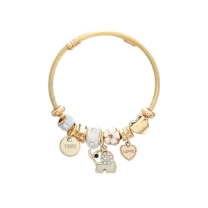 Golden steel twisted rope bracelet featuring elephant charm and engraved love heart pendant