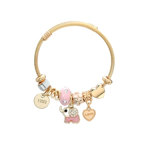 Detail of pink enamel elephant charm and Love heart on golden twisted rope bracelet
