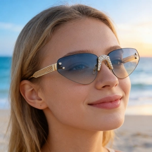 Détail de lunettes de soleil sans monture avec strass et verres dégradés dorés
