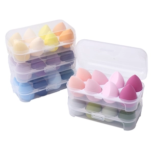 Macro view of 8-piece colorful makeup sponge set in transparent storage organizer box