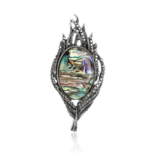 Vintage Feather Brooch Natural Abalone Shell Alloy Rhinestone Leaf Shape Jewelry For Women