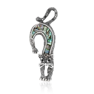 Cat Animal Brooch Pin Vintage Alloy Abalone Shell Rhinestone Inlaid Retro Fashion Accessory For Women