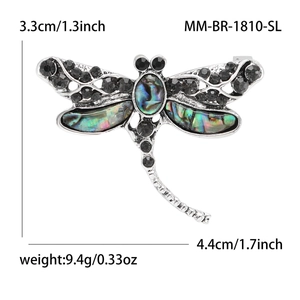 Vintage dragonfly brooch pin with colorful abalone shell and black cubic zirconia stones
