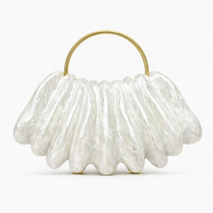 Elegant wavy acrylic evening clutch in pearl white with round gold metal handles