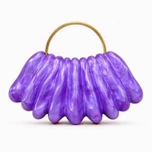 Elegant purple wavy acrylic evening clutch bag with round golden metal handle