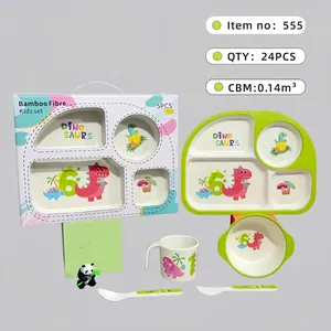 Bamboo fiber 5-piece kids tableware set with cartoon dinosaur patterns and gift box