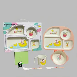 5-piece bamboo fiber kids tableware set with rabbit print and divider plate