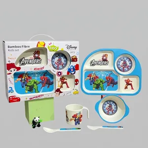 Detail view of bamboo fiber kids tableware set with Avengers cartoon patterns