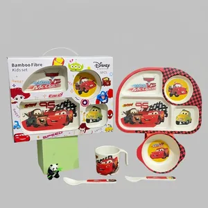 Bamboo fiber children's 5-piece dinnerware set with cartoon character designs