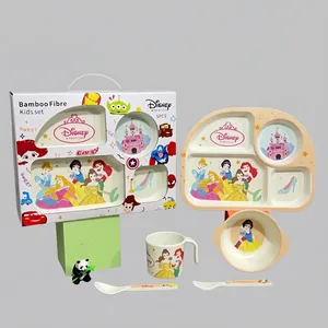 Five-piece bamboo fiber kids dinnerware set with cartoon character designs and packaging