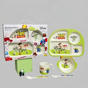 5-piece bamboo fiber kids dinnerware set with divided plate bowl cup and utensils