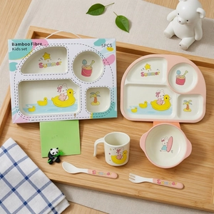 Kids Dinnerware Bamboo Fiber Eco-Friendly Cartoon Pattern Divided Plate Bowl Cup Spoon And Fork Toddler Training Tableware