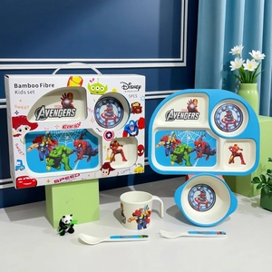 Bamboo fiber 5-piece children dinnerware set featuring colorful cartoon characters