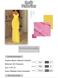 Close-up of soft layered ruffle details on a slim backless V-neck maxi dress fabric