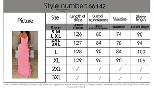 Detailed size guide table for backless pink V-neck maxi dress with ruffles