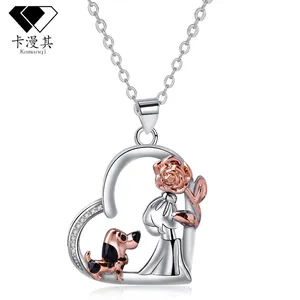 Elegant Copper Rhinestone Heart Necklace Pendant For Women Girl Rose Dog Double Color Heart Shape Electroplated Jewelry Gift