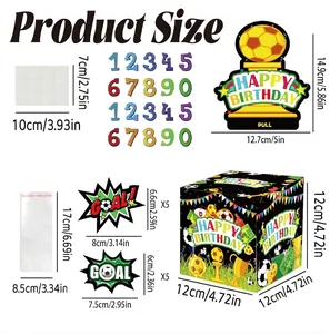 Detailed size chart for soccer party box kit with dimensions for toppers and stickers