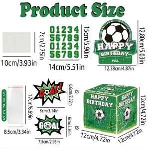 Detailed size specifications for soccer party decorations set components in cm and inches