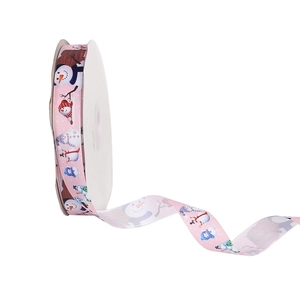 Ruban de Noël rose en gros-grain avec motifs bonhommes de neige sur une bobine