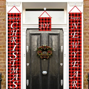 Detail of red and black buffalo plaid Christmas porch banners with Merry Christmas text