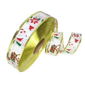10m Christmas ribbon with Santa print and gold edges for tree decoration and gift wrapping