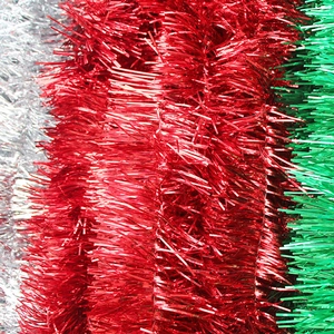 2-meter festive Christmas tinsel garland in red, green, and silver for tree decoration