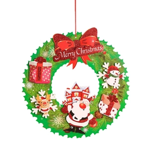 Christmas wreath with Merry Christmas sign, Santa, snowman and reindeer ornaments