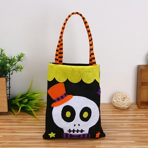 Halloween non-woven felt candy bag with cute cartoon skull and orange striped handle