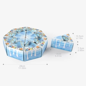 Blue butterfly triangle cake shaped party favor boxes set with 8 individual gift pieces
