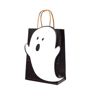 Black Halloween ghost candy gift bag with white cartoon ghost and brown jute handles