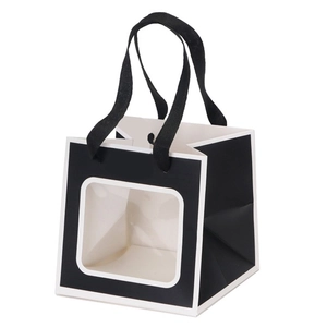 Large capacity black gift paper bag with transparent window and sturdy ribbon handles