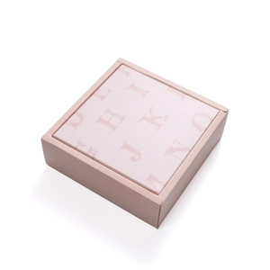 Elegant square pink gift box with vintage alphabet print for luxury tea and soap packaging