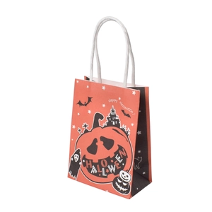 Mini Halloween party gift paper bag with orange pumpkin design and white rope handles