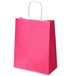 Rose red white kraft paper gift bag with white twisted rope handles and serrated top edges