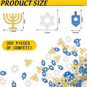 Hanukkah Star of David and Menorah table confetti in glitter gold, silver and blue