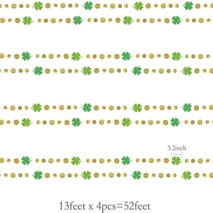 Ghirlanda San Patrizio 4M con quadrifogli verdi e pois glitter oro, lunghezza totale 16m