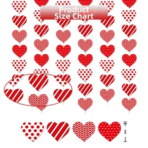 Size chart showing 8cm red and white heart-shaped hanging decorations for party setup